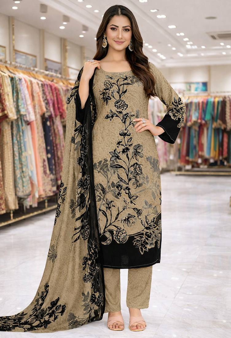 Beige color crepe silk printed women unstitched dress material