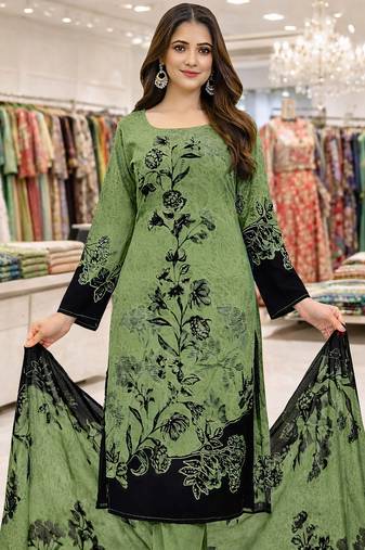 Green  color crepe silk printed women unstitched dress material