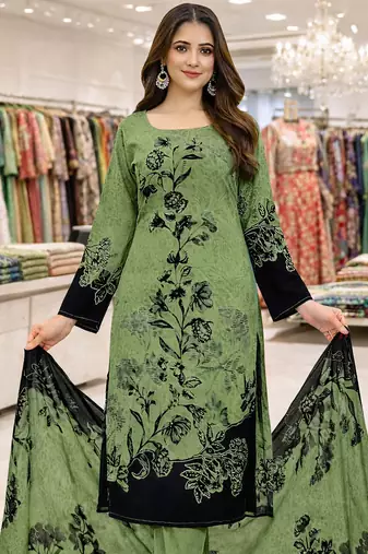 Green  color crepe silk printed women unstitched dress material