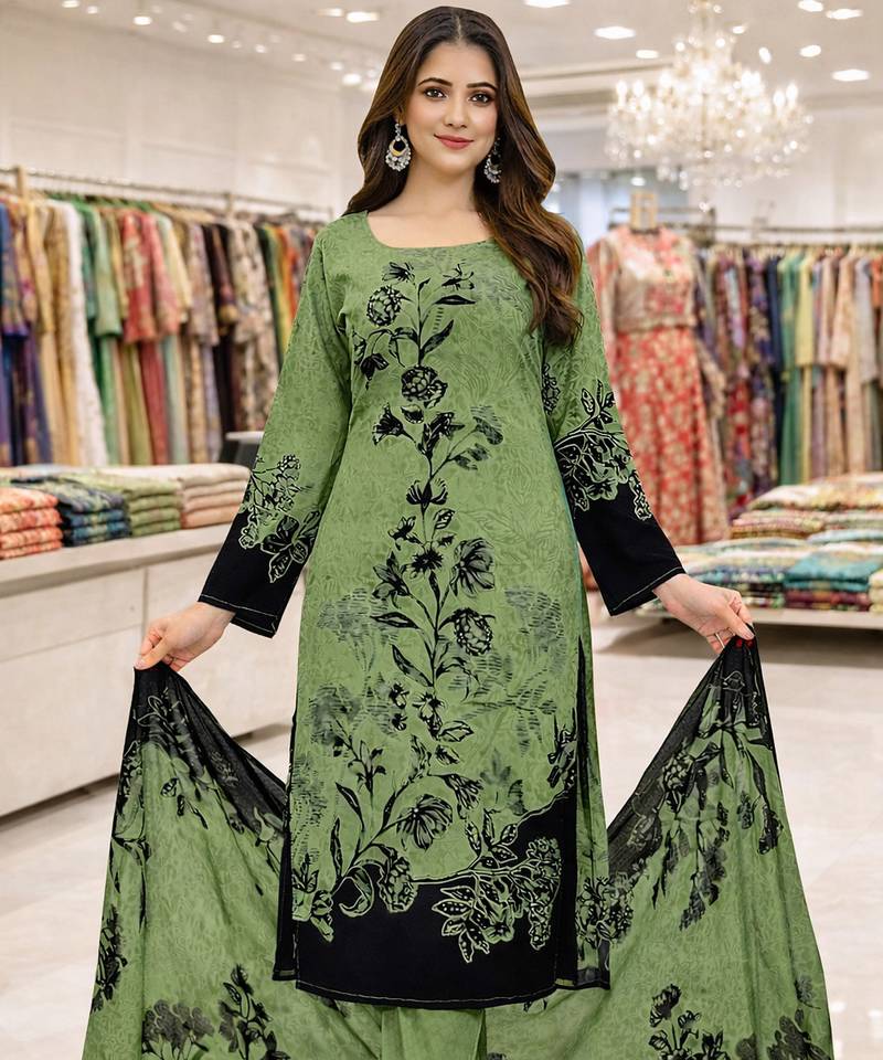 Green  color crepe silk printed women unstitched dress material