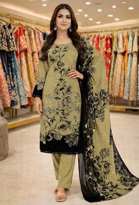 Beige color crepe silk printed women unstitched dress material 1