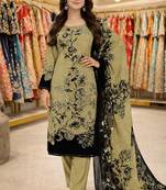 Beige color crepe silk printed women unstitched dress material