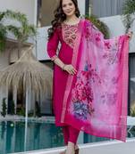 Magenta p.v chanderi heavy thread embroidery work with printed dupatta kurta pant set