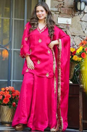 Rani pink frendy silk heavy thread embroidery work kurta palazzo set