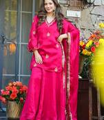 Rani pink frendy silk heavy thread embroidery work kurta palazzo set