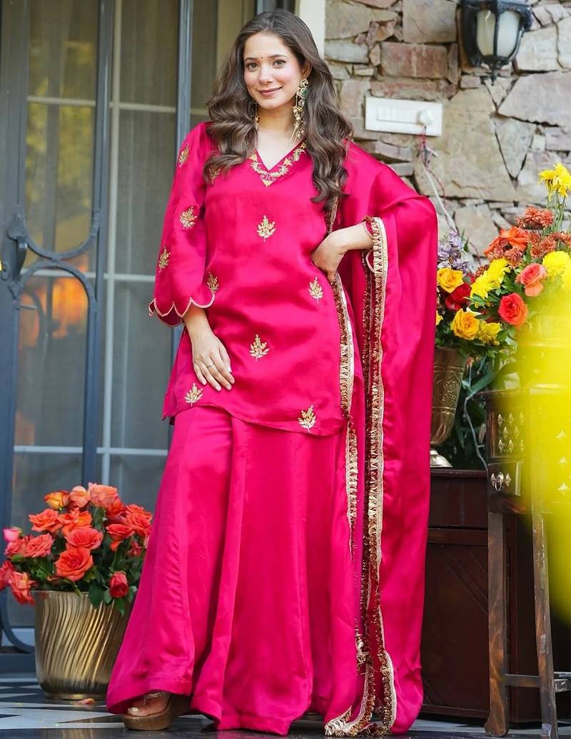 Rani pink frendy silk heavy thread embroidery work kurta palazzo set