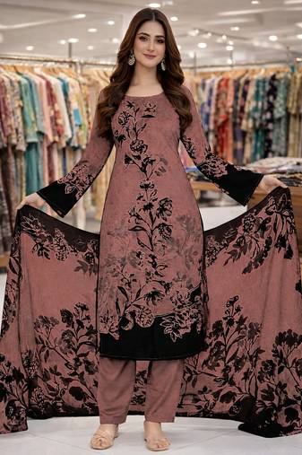 Pink color crepe silk printed women unstitched dress material
