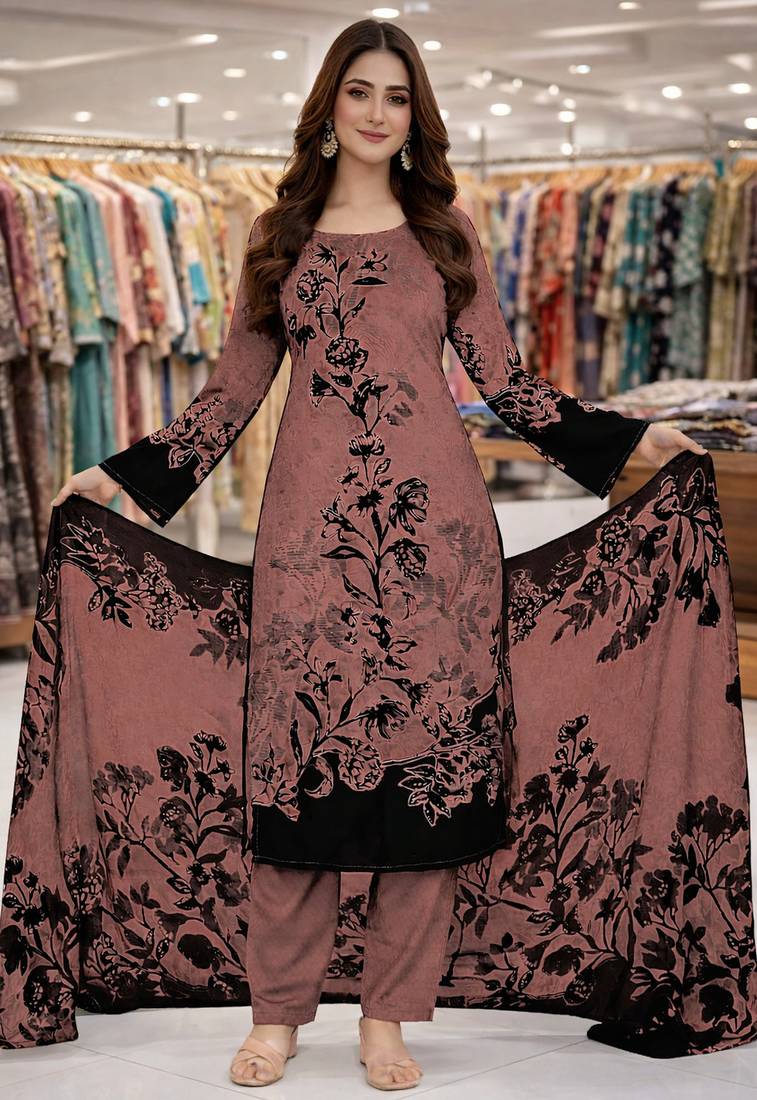 Pink color crepe silk printed women unstitched dress material