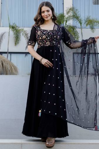 Black faux georgette heavy thread embroidery work kurta with dupatta