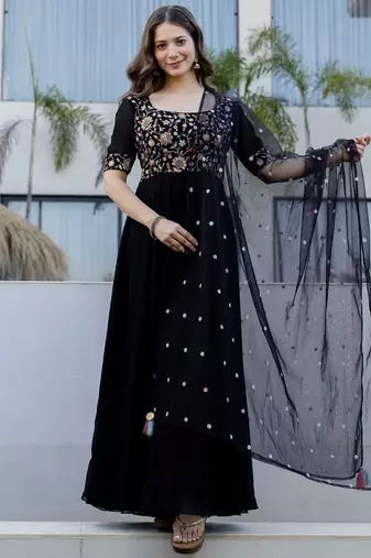 Black faux georgette heavy thread embroidery work kurta with dupatta