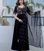 Black faux georgette heavy thread embroidery work kurta with dupatta