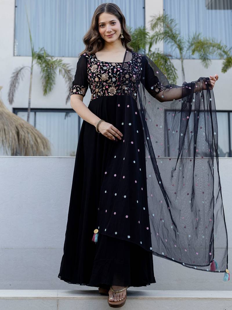 Black faux georgette heavy thread embroidery work kurta with dupatta