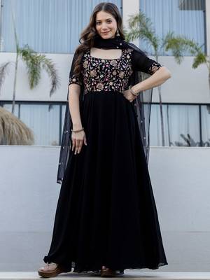 Black faux georgette heavy thread embroidery work kurta with dupatta 2