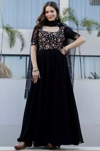 Black faux georgette heavy thread embroidery work kurta with dupatta