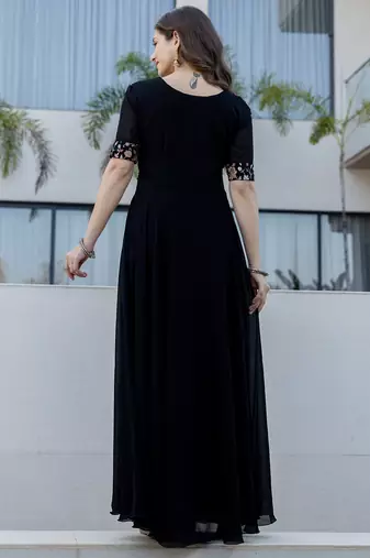Black faux georgette heavy thread embroidery work kurta with dupatta