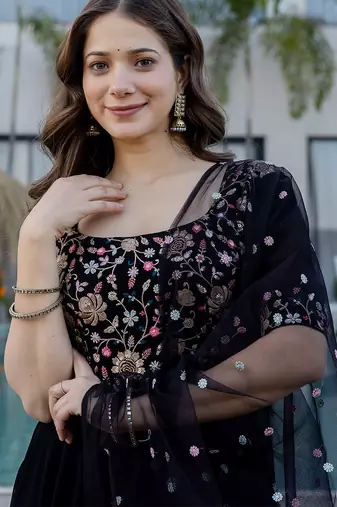 Black faux georgette heavy thread embroidery work kurta with dupatta