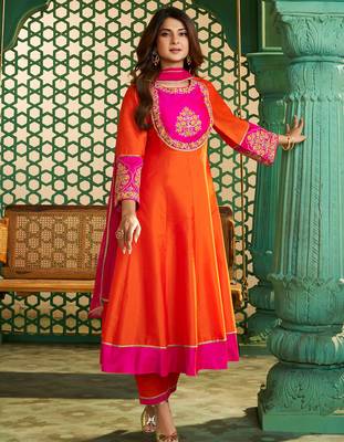 Orange chanderi cotton heavy thread embroidery work kurta pant set 1