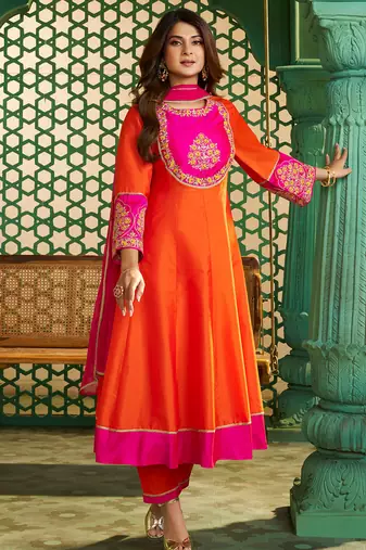 Orange chanderi cotton heavy thread embroidery work kurta pant set