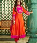 Orange chanderi cotton heavy thread embroidery work kurta pant set