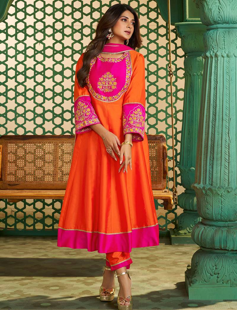 Orange chanderi cotton heavy thread embroidery work kurta pant set