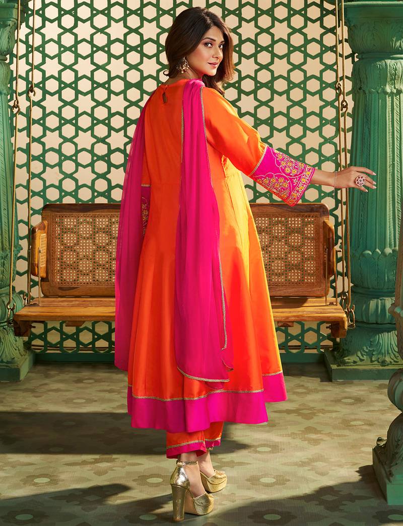 Orange chanderi cotton heavy thread embroidery work kurta pant set