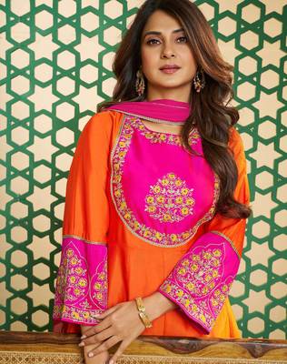 Orange chanderi cotton heavy thread embroidery work kurta pant set 4