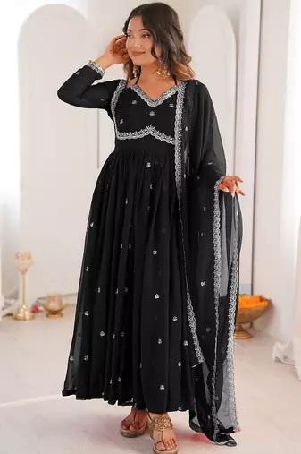 Black georgette heavy thread embroidery work kurta pant set