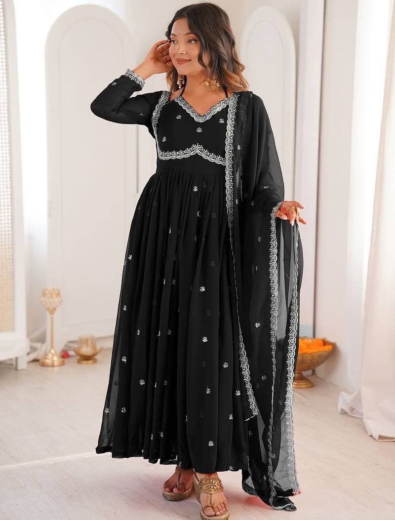 Black georgette heavy thread embroidery work kurta pant set