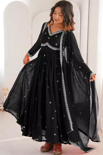Black georgette heavy thread embroidery work kurta pant set