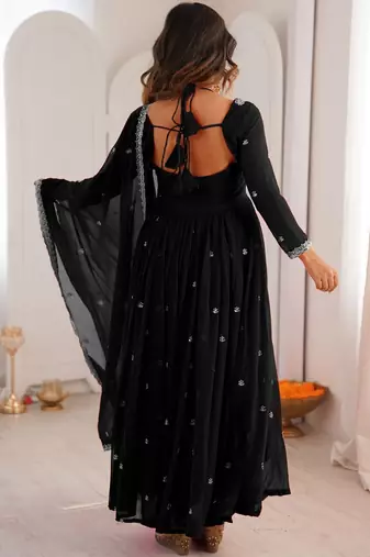 Black georgette heavy thread embroidery work kurta pant set