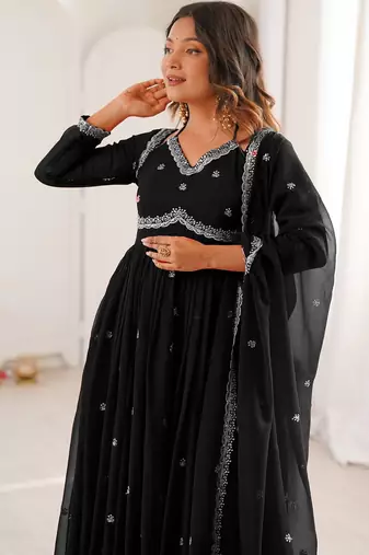 Black georgette heavy thread embroidery work kurta pant set
