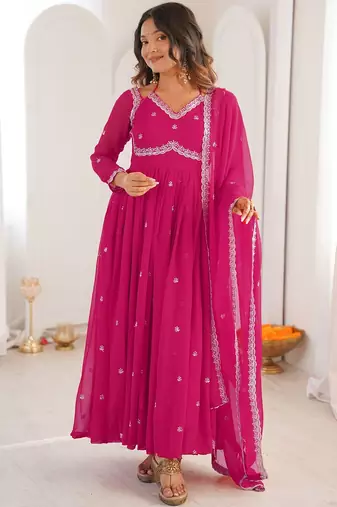 Pink georgette heavy thread embroidery work kurta pant set