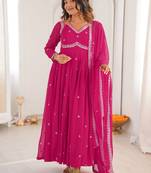 Pink georgette heavy thread embroidery work kurta pant set