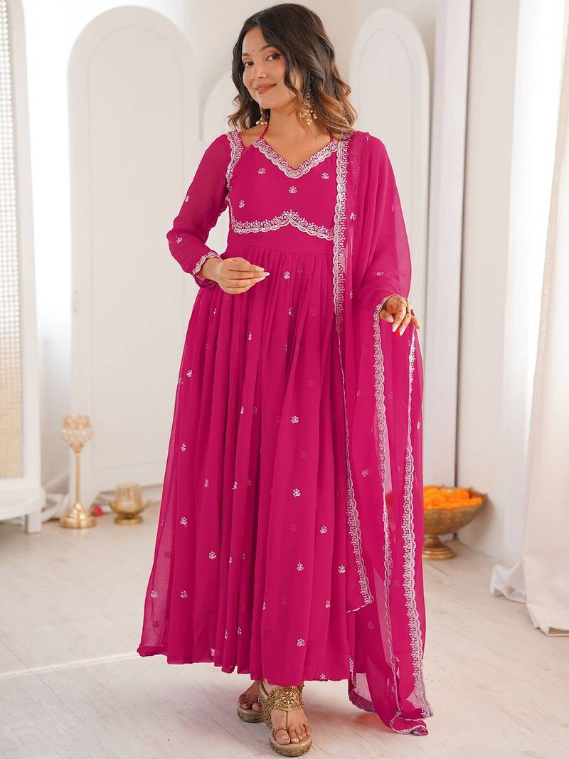 Pink georgette heavy thread embroidery work kurta pant set