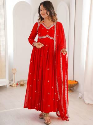 Red georgette heavy thread embroidery work kurta pant set 1