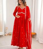 Red georgette heavy thread embroidery work kurta pant set