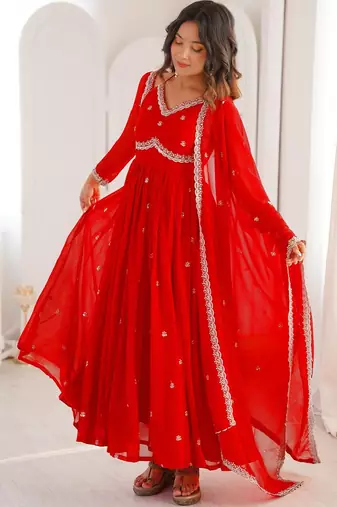 Red georgette heavy thread embroidery work kurta pant set