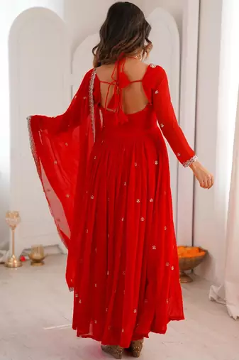Red georgette heavy thread embroidery work kurta pant set