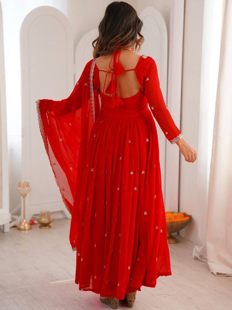 Red georgette heavy thread embroidery work kurta pant set