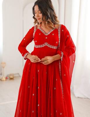 Red georgette heavy thread embroidery work kurta pant set 4