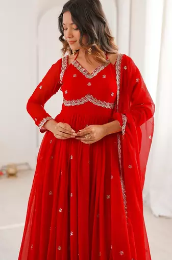 Red georgette heavy thread embroidery work kurta pant set