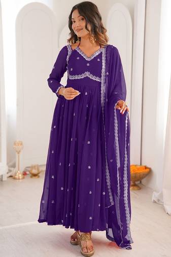 Purple georgette heavy thread embroidery work kurta pant set