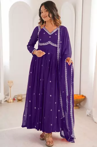 Purple georgette heavy thread embroidery work kurta pant set
