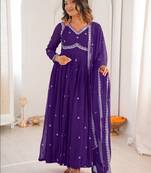 Purple georgette heavy thread embroidery work kurta pant set