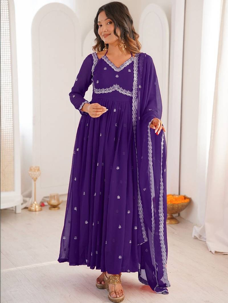 Purple georgette heavy thread embroidery work kurta pant set