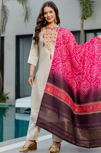 Cream viscose shimmer heavy thread embroidery work with printed dupatta kurta pant set