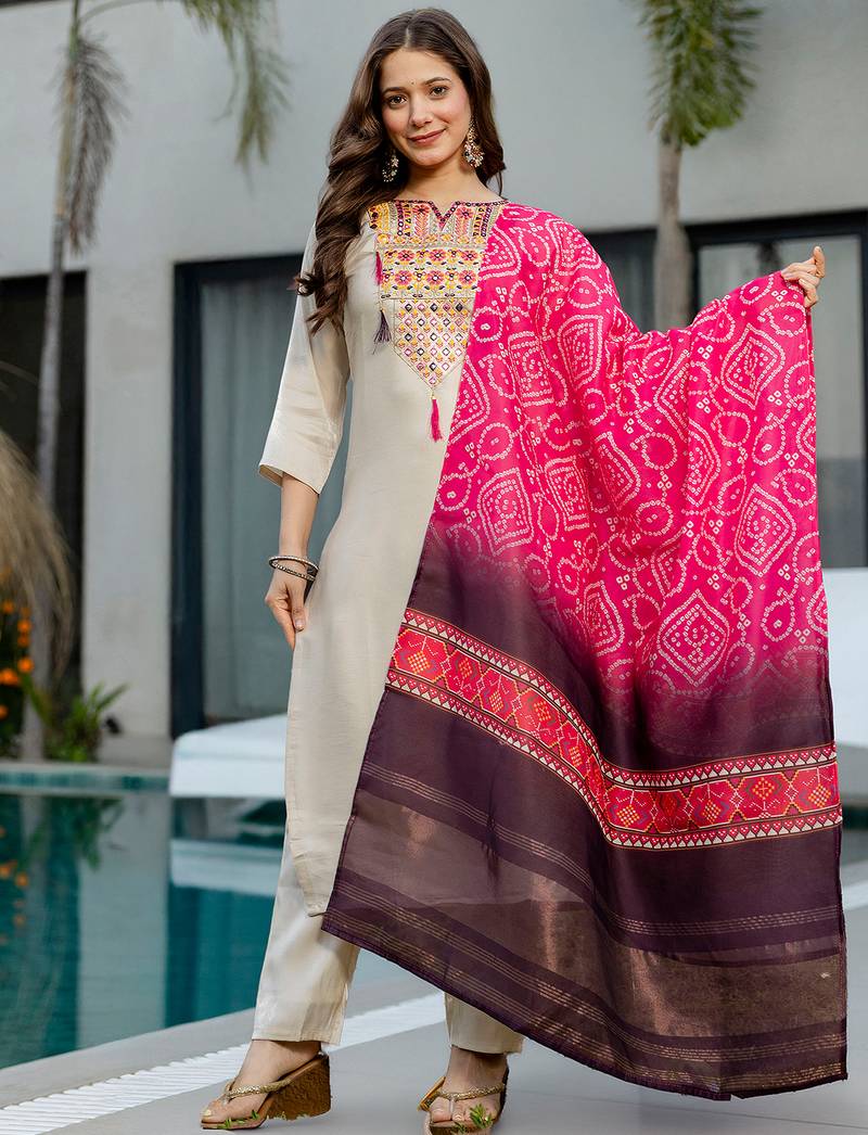 Cream viscose shimmer heavy thread embroidery work with printed dupatta kurta pant set