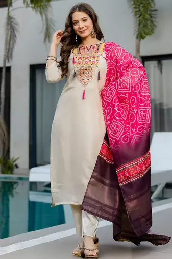 Cream viscose shimmer heavy thread embroidery work with printed dupatta kurta pant set