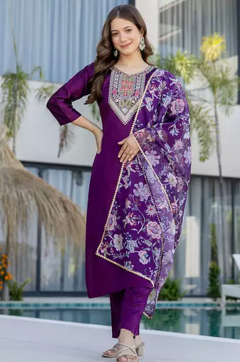 Purple chanderi cotton heavy thread embroidery work with printed dupatta kurta pant set