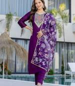 Purple chanderi cotton heavy thread embroidery work with printed dupatta kurta pant set